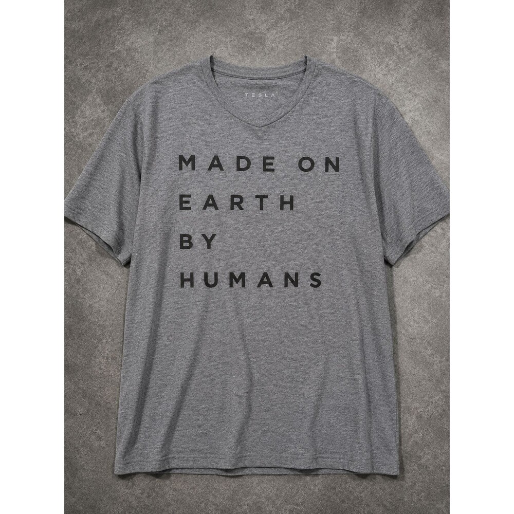 Tesla Made On Earth By Humans T Shirt Mens XXL Gray Logo Graphic Tee 100% Cotton